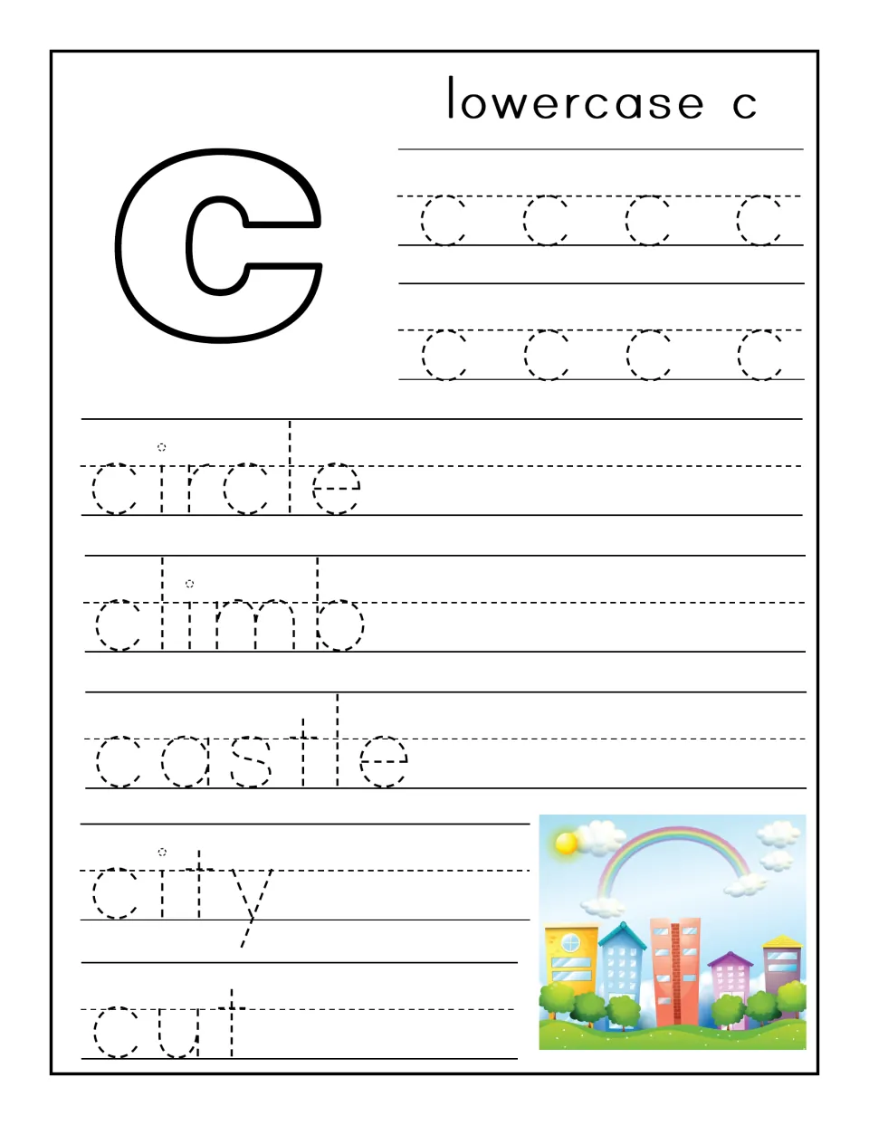 Lowercase c practice: students trace eight dotted c letters, then the words circle, climb, castle, city and cut