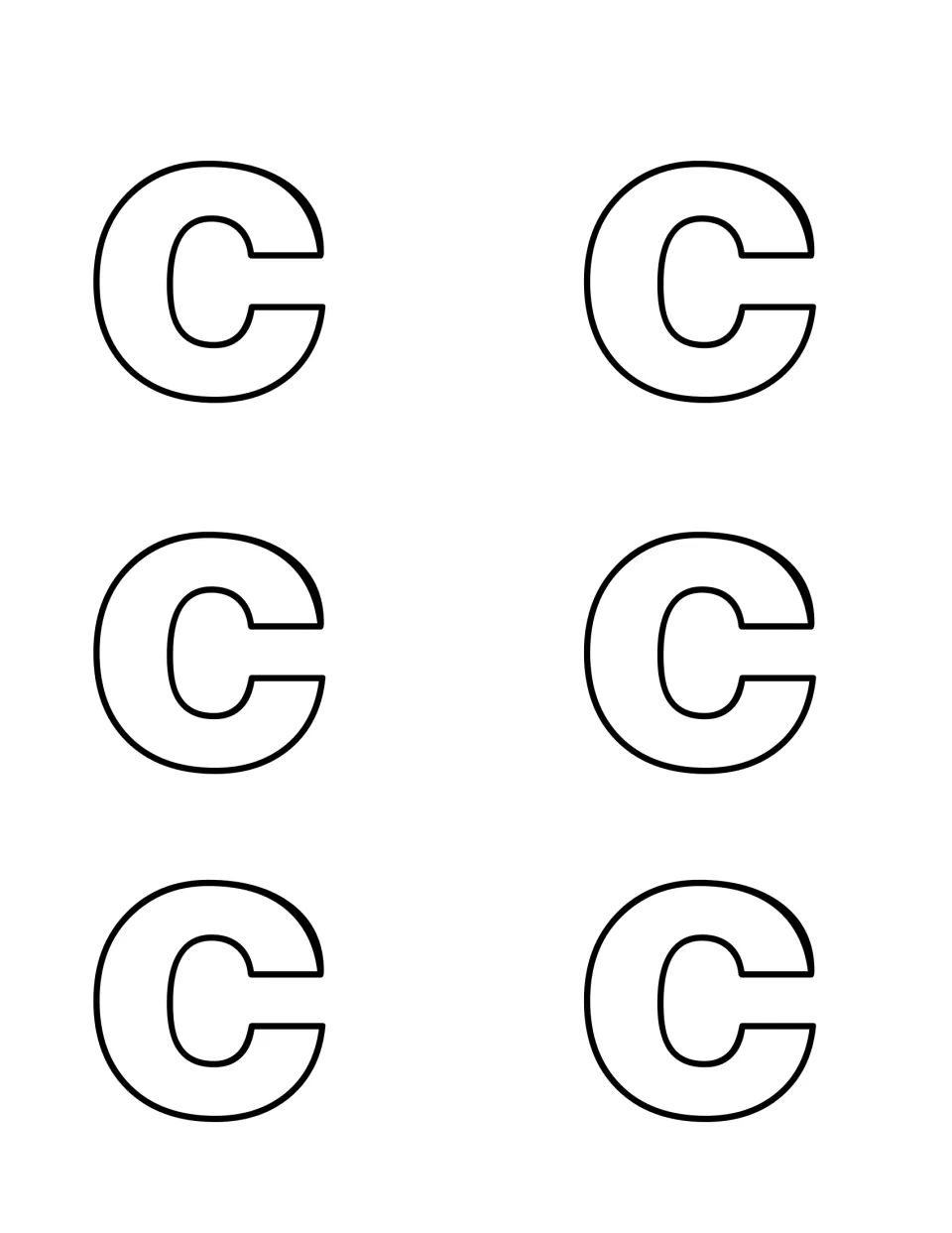 Six large outlined uppercase C letters to print on card stock and cut out, then hide for children to find and recognize
