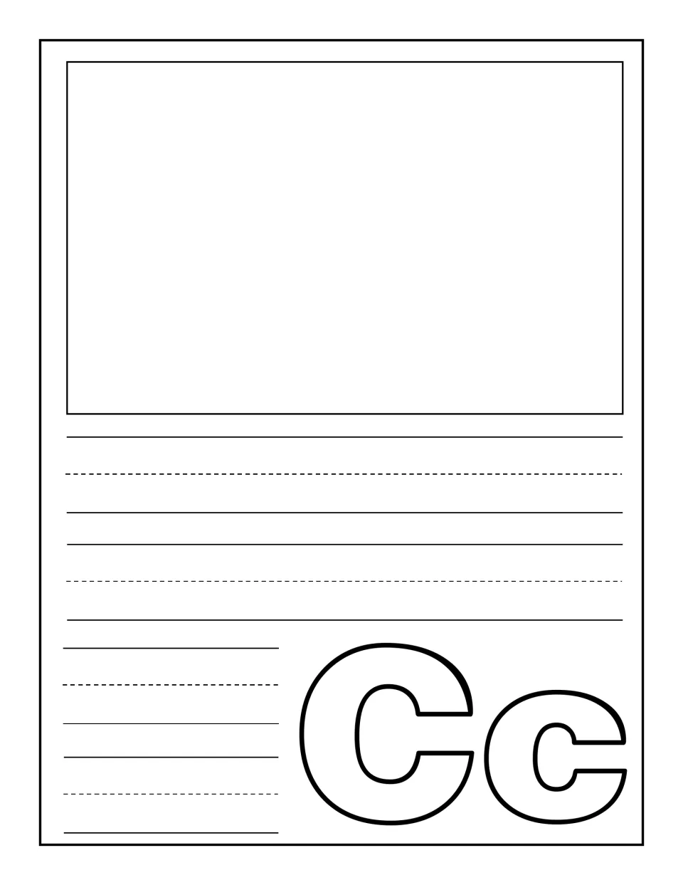Cc notebooking page: children draw or glue one picture of a C word and write its name on handwriting rules
