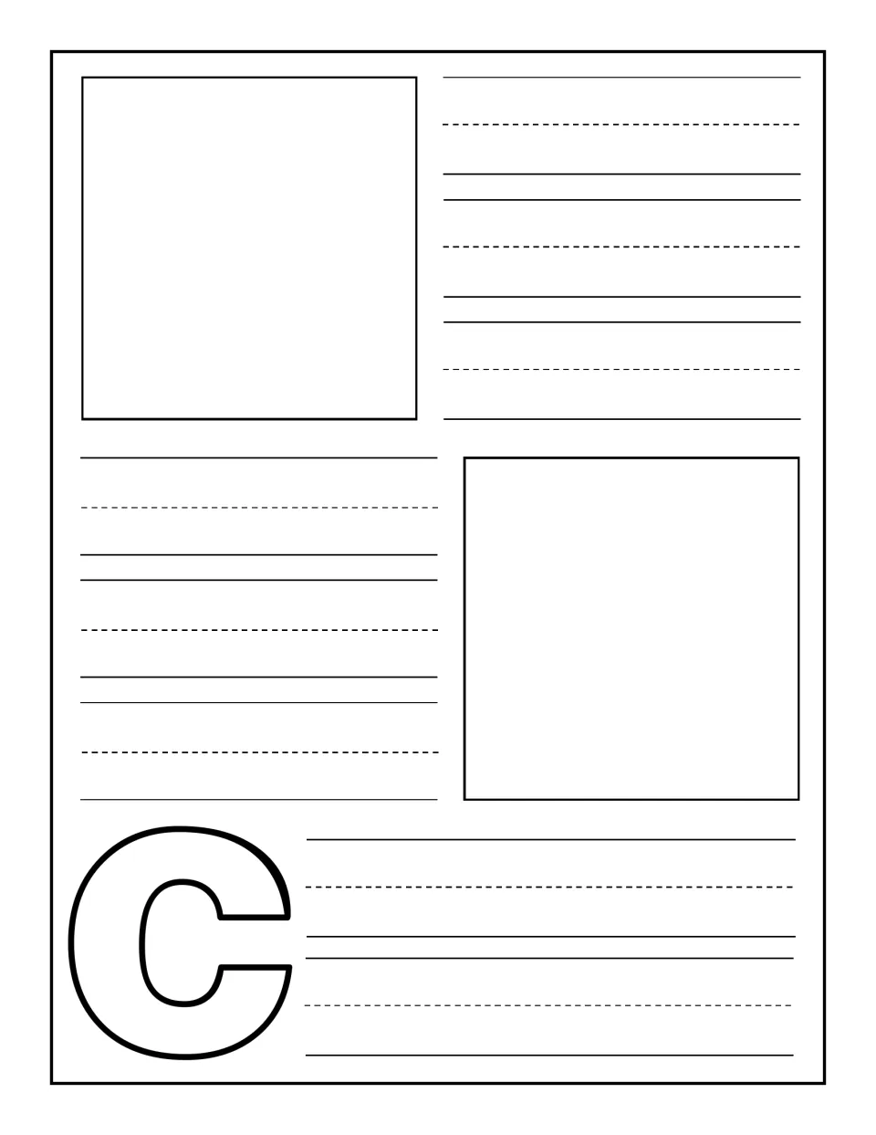 Uppercase C notebooking page: children draw or glue two C pictures and practise writing each word on handwriting rules