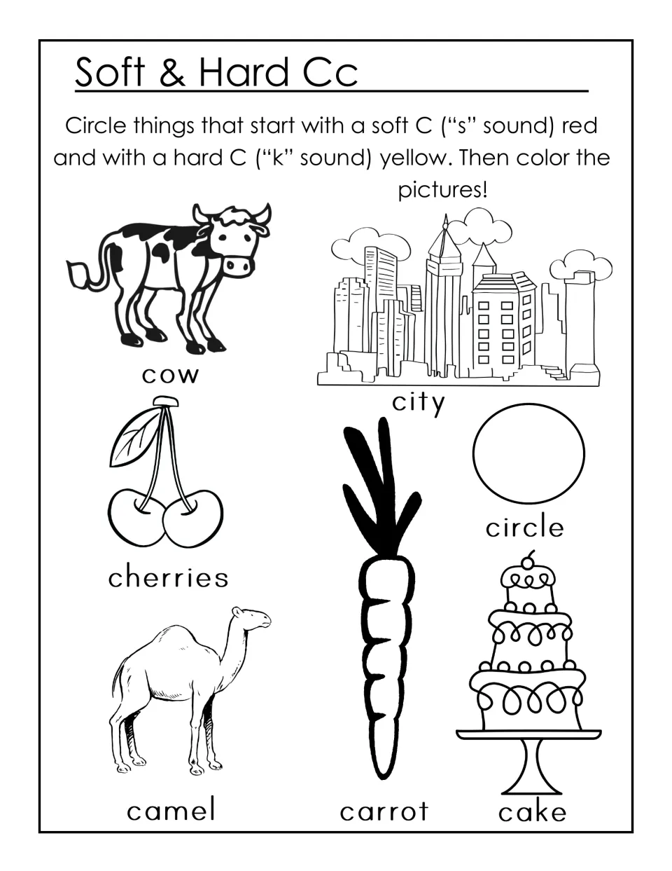 Soft and hard C sounds: students circle soft C pictures red, hard C ones yellow (city, circle, cow, cake), then color