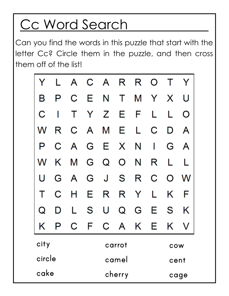 Cc word search: students circle 9 words that start with C, such as city, carrot, cow and camel, then cross them off