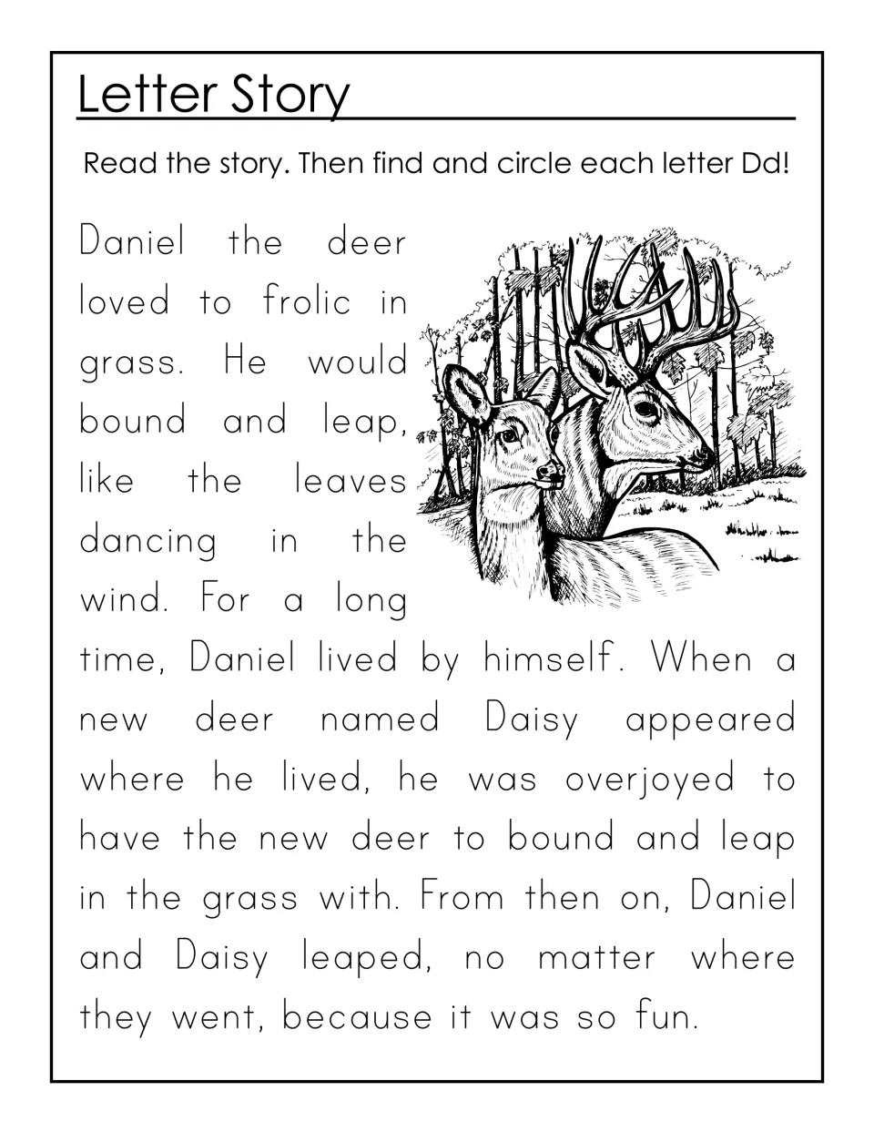 Letter story about Daniel and Daisy the deer: students read the story, then find and circle each D and d in the text