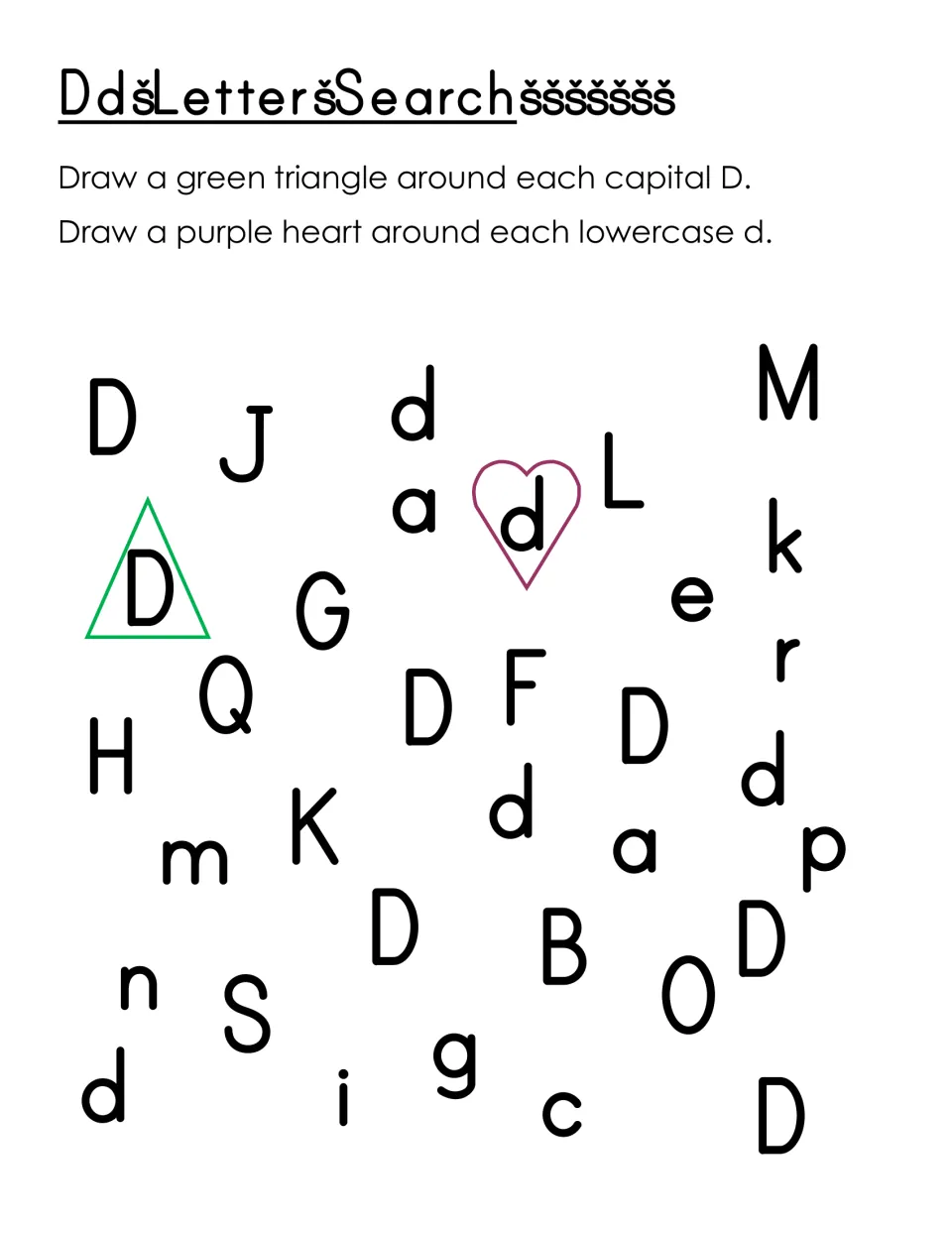 Dd letter search: students draw green triangles around each capital D and purple hearts around each lowercase d