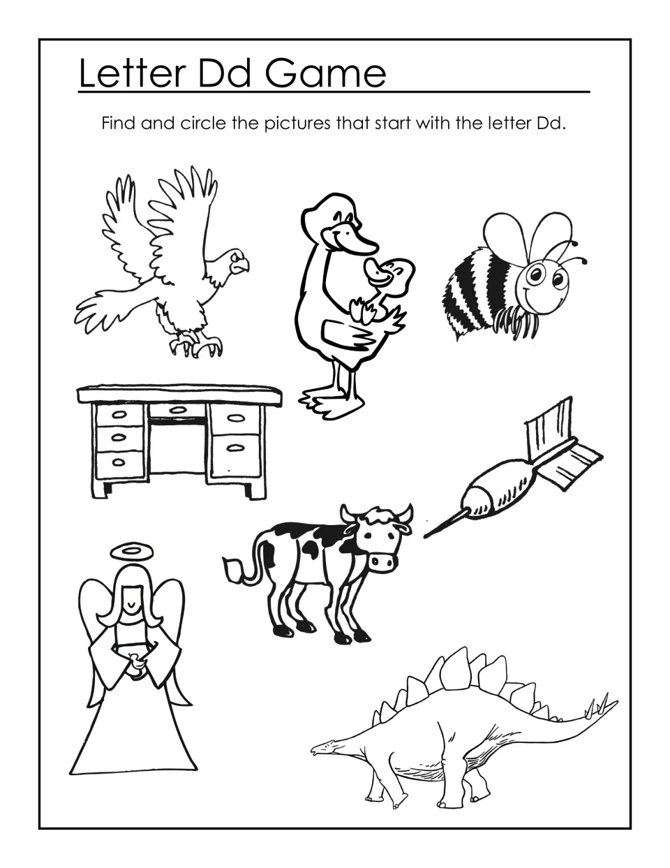 Letter Dd Game: beginning sounds, circling duck, desk, dart and dinosaur among eagle, bee, cow and angel pictures
