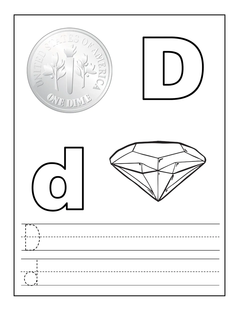 Letter D coloring and tracing: students color a dime, a diamond and outlined D and d, then trace dotted D and d