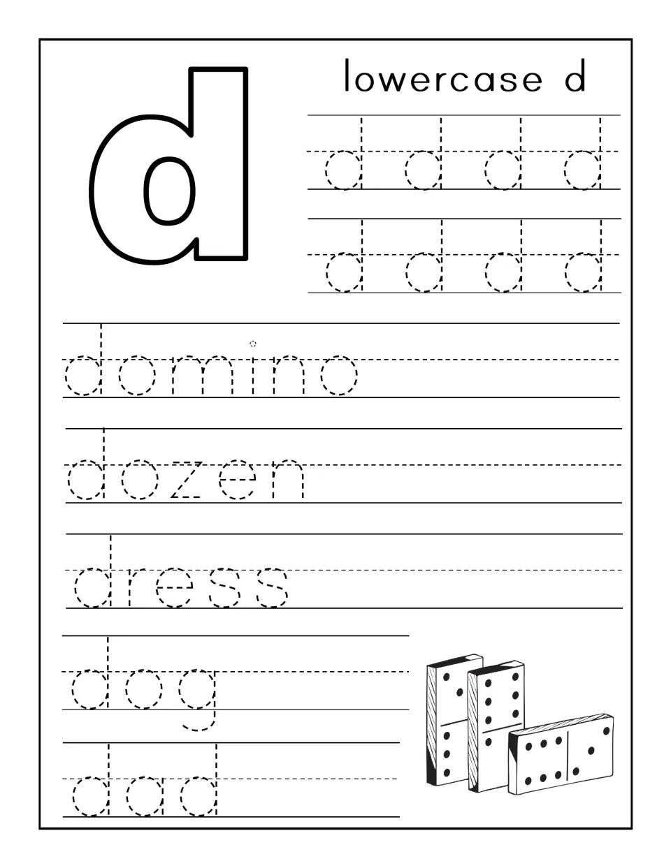 Lowercase d handwriting: students trace eight dotted d letters and the words domino, dozen, dress, dog and dad