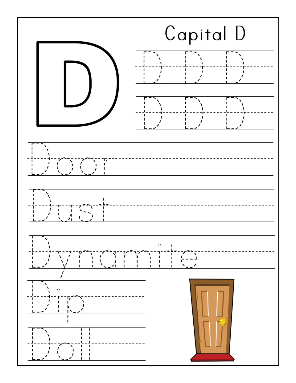Capital D handwriting: students trace six dotted capital D letters and the words Door, Dust, Dynamite, Dip and Doll