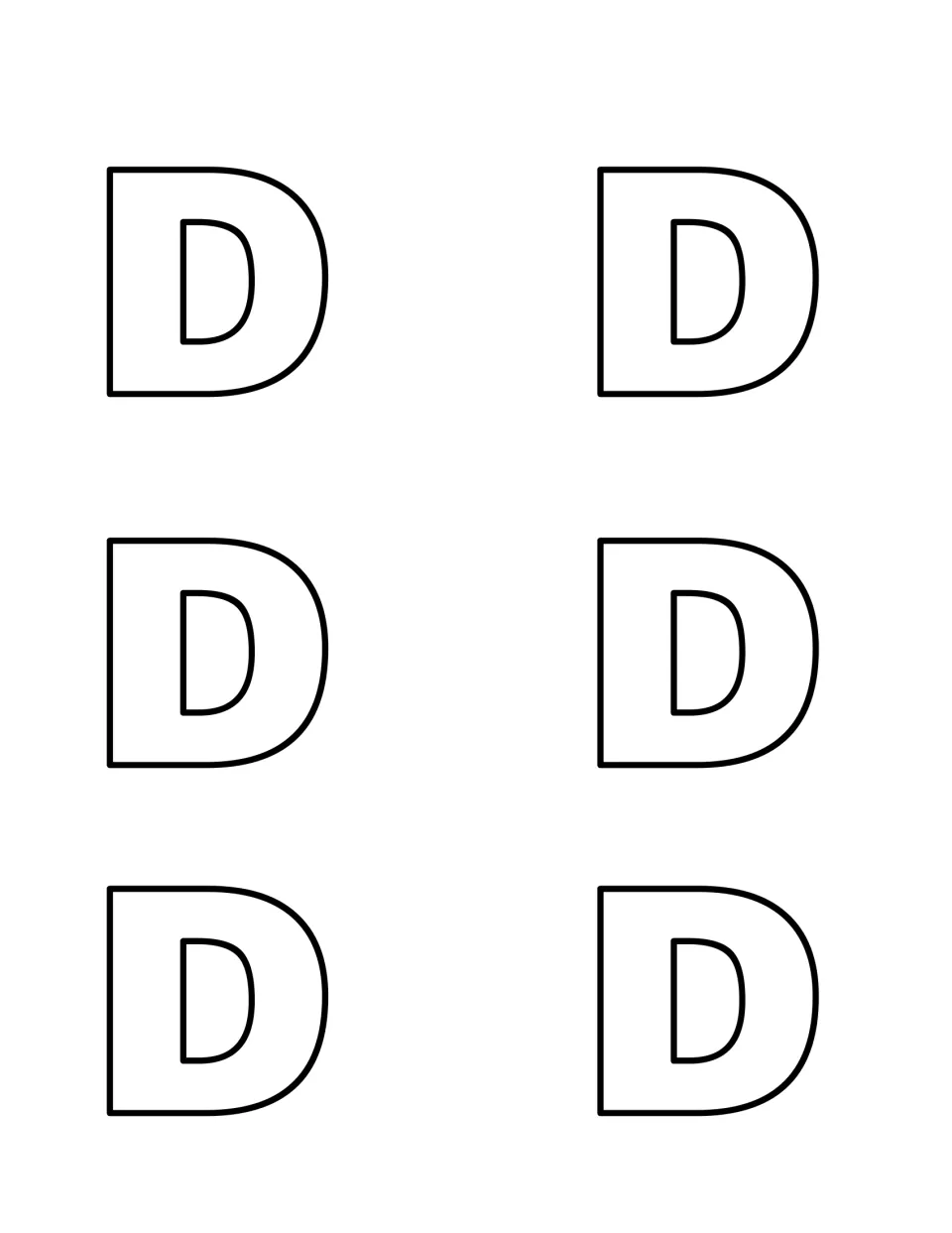Six large outlined capital D letters for children to cut out, hide and find while practising uppercase letter recognition