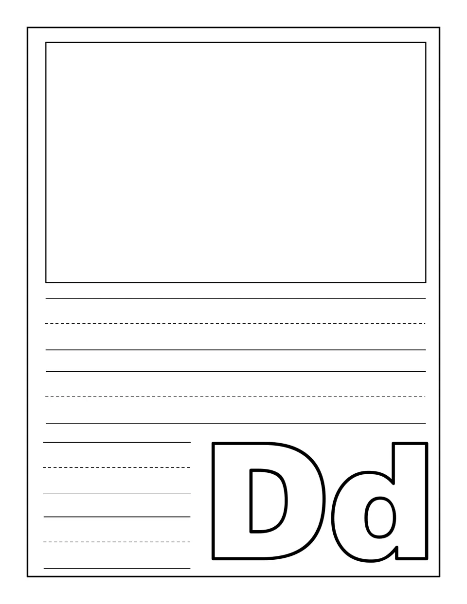 Letter Dd notebooking page: children draw one large picture of a D word and write its name on handwriting rows below