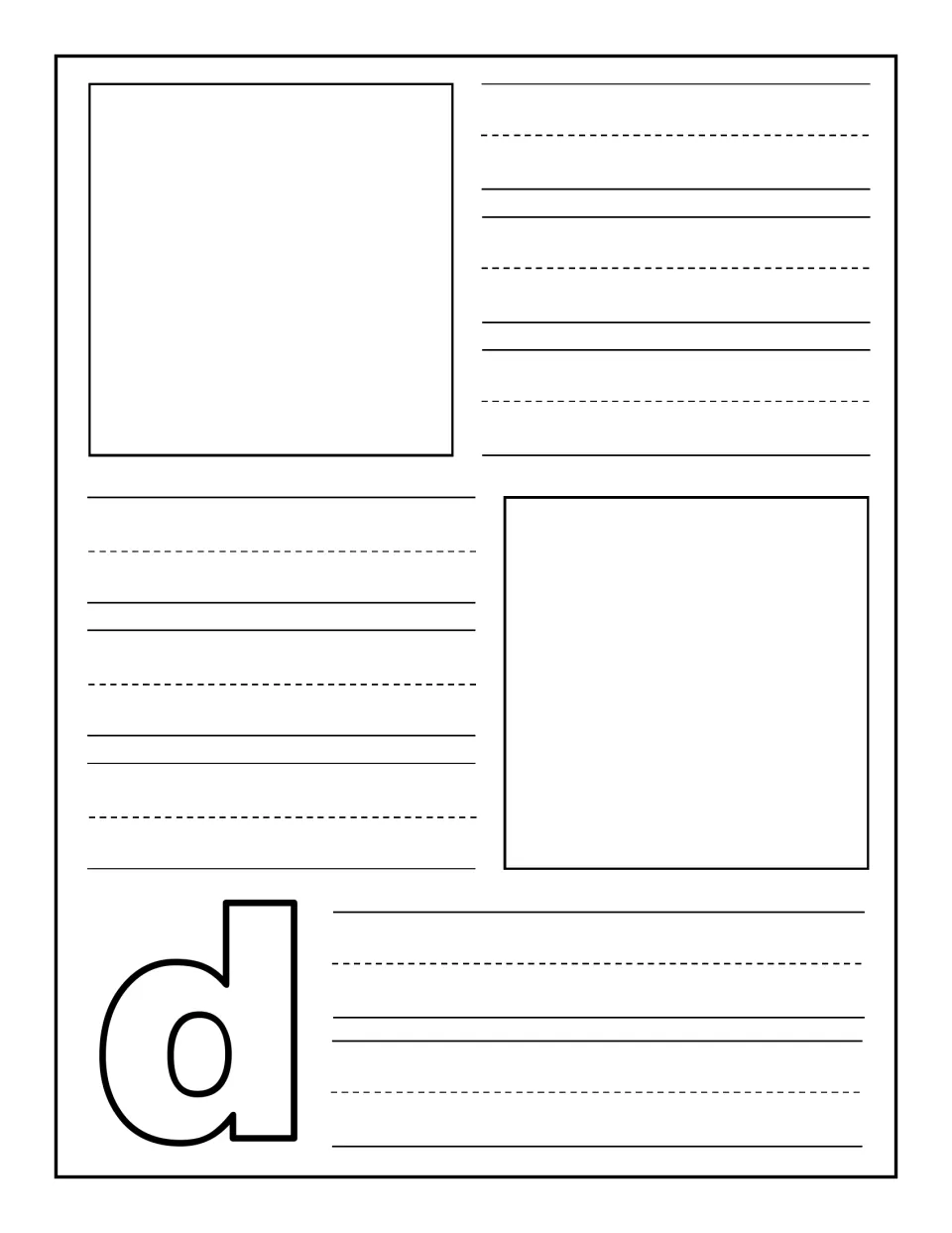 Lowercase d notebooking page: children draw two pictures of things starting with d and write a word or caption for each