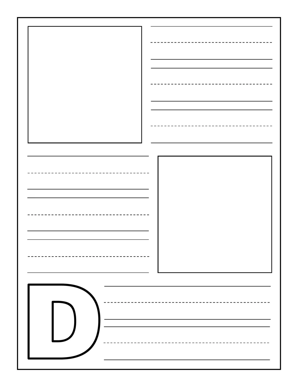 Uppercase D notebooking page: children draw or glue two pictures of D things and copy each word on handwriting rows