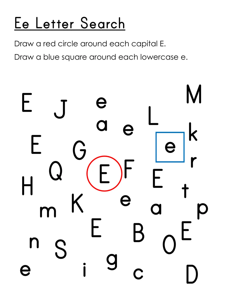 Ee letter search: students circle each capital E in red and draw a blue square around each lowercase e among mixed letters
