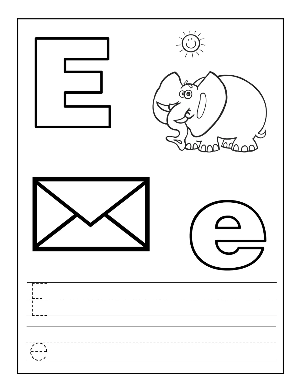 Letter E recognition: students color outline E and e, an elephant and an envelope, then trace a dotted E and e