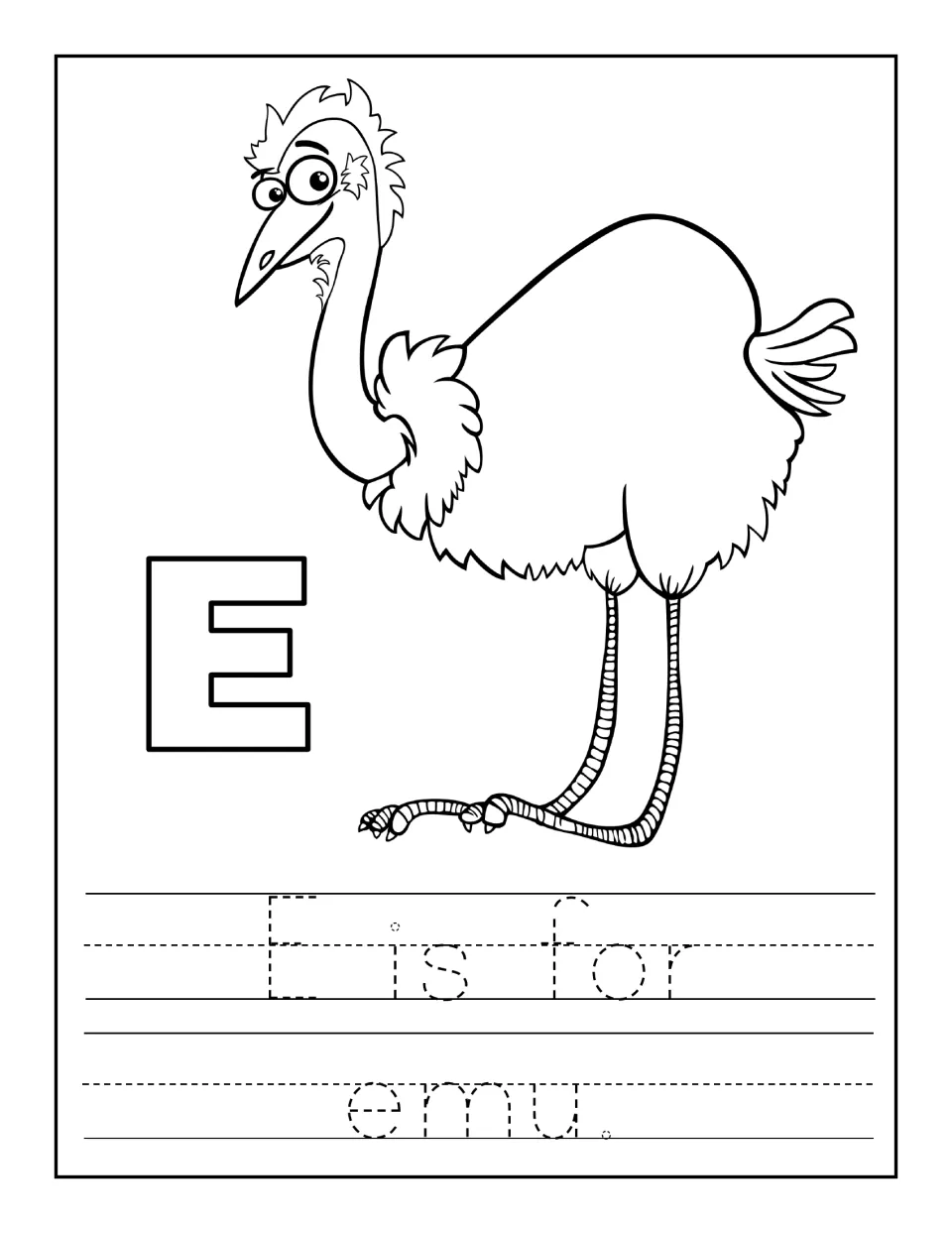 E is for emu: students color a cartoon emu beside an outline capital E and trace the dotted sentence 'E is for emu.'