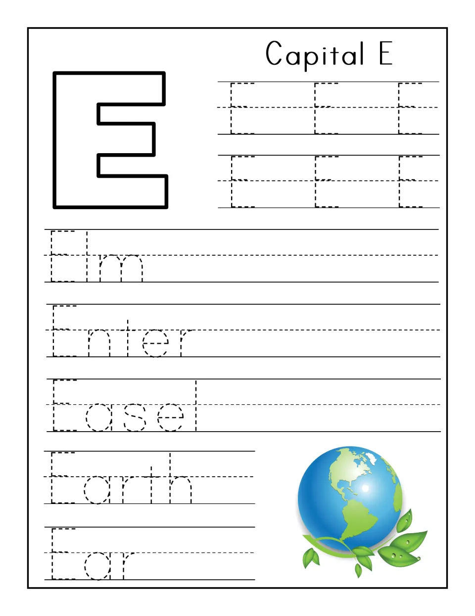 Capital E handwriting: students trace rows of dotted E, then the words Elm, Enter, Easel, Earth and Ear near a globe