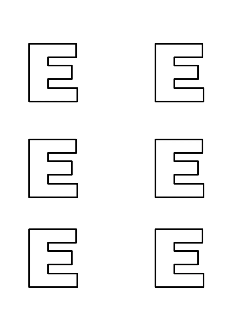 Six outlined capital E cut-outs children hunt for in the hide-and-seek game to practise uppercase letter recognition