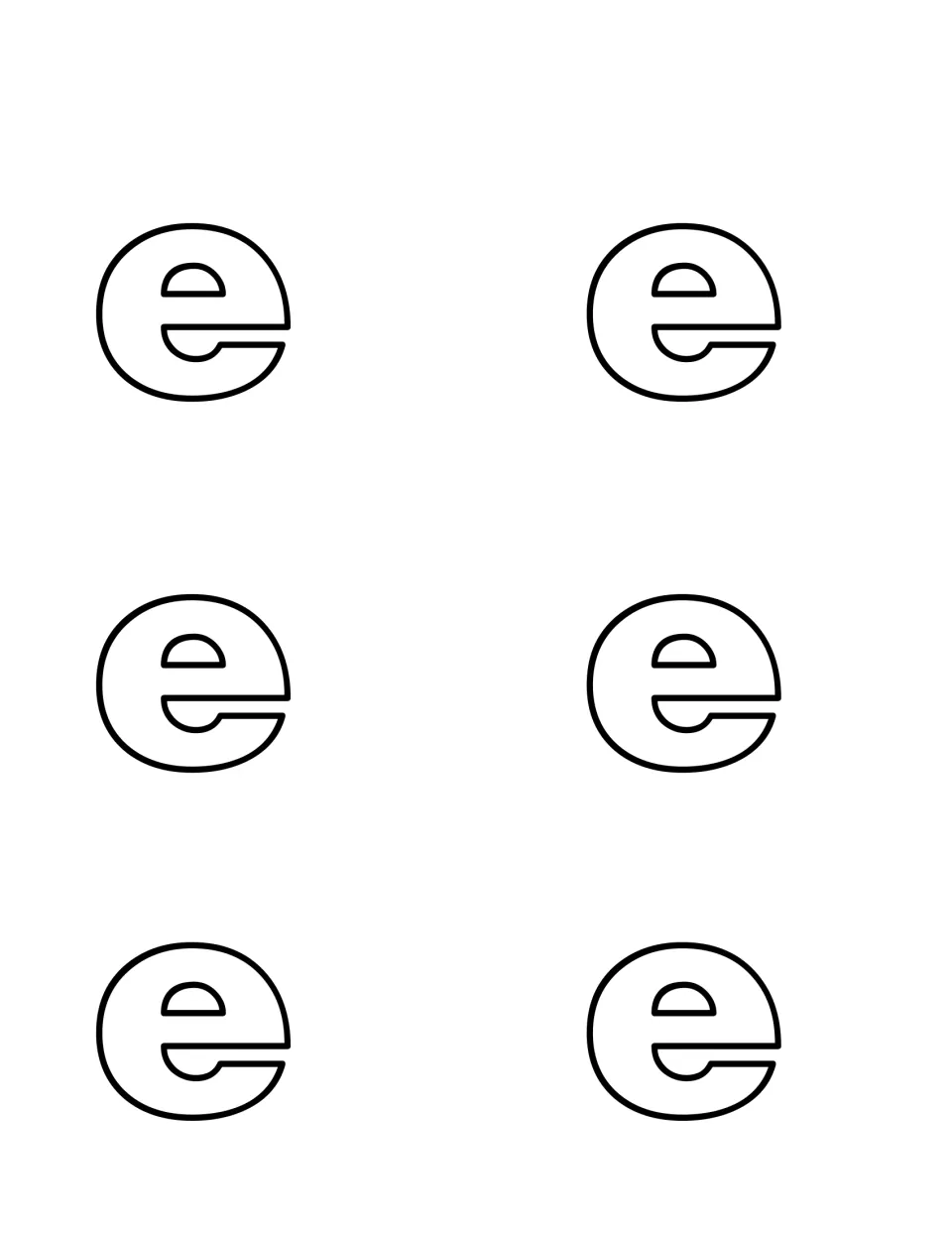 Six outlined lowercase e cut-outs for the letter hunt, so children can find and tell apart the small e from the capital E