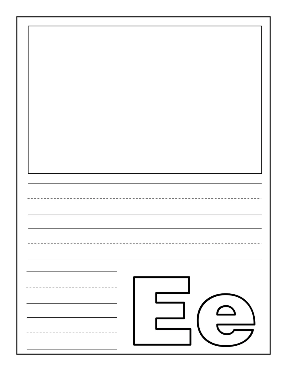 Letter Ee notebooking page: children draw or glue one picture of an E word and write a sentence about it