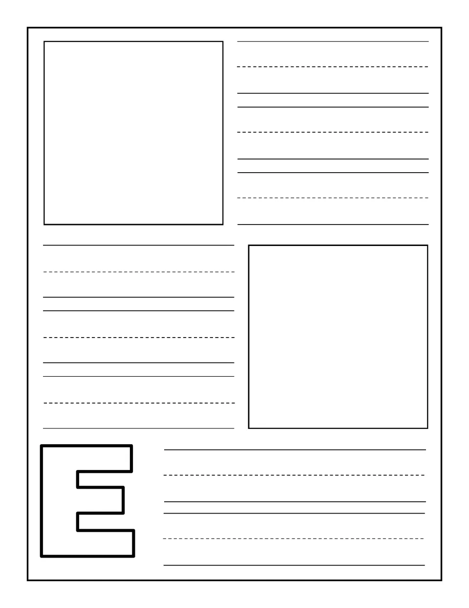 Uppercase E notebooking page: children add two pictures of things starting with E and write a word or caption for each
