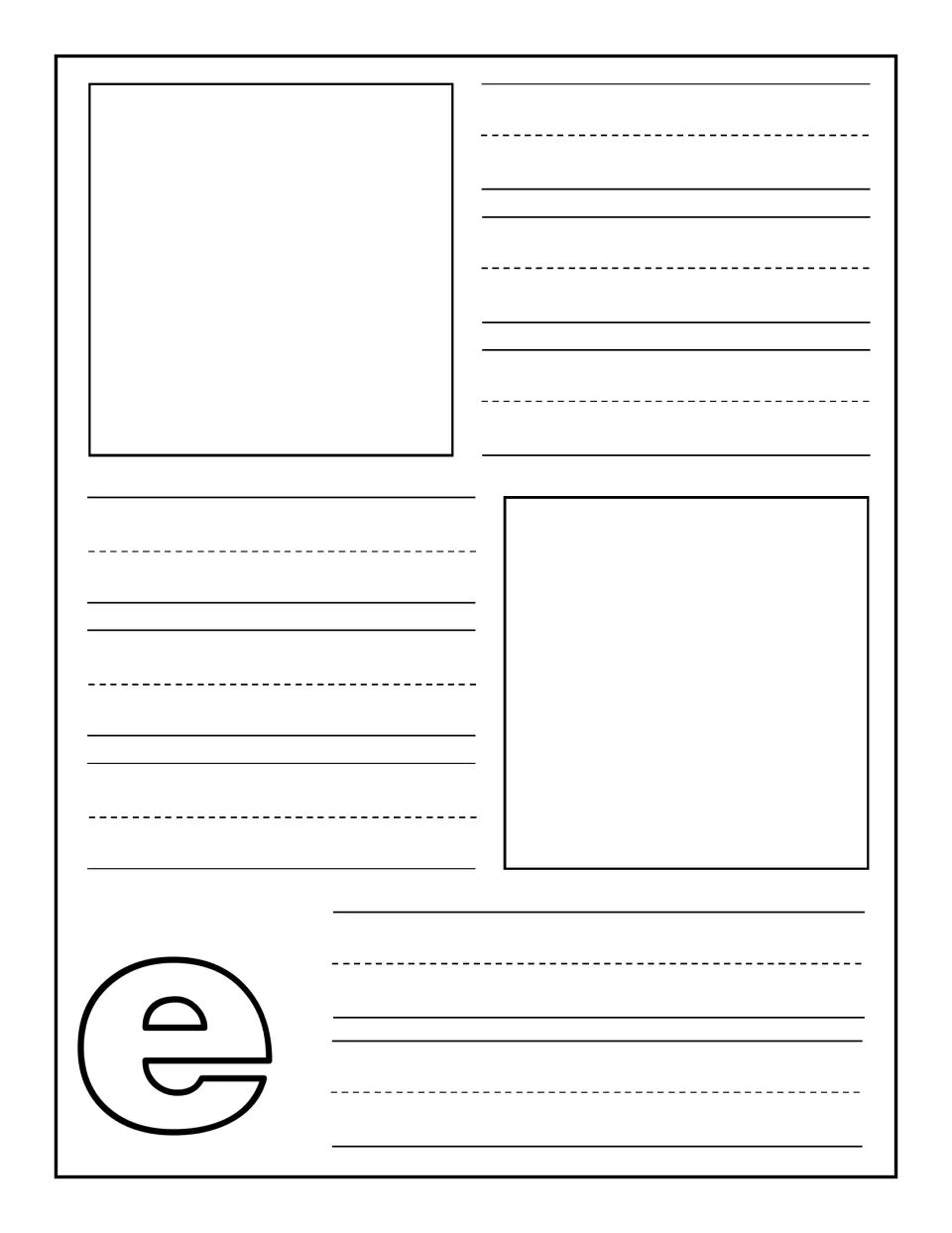 Lowercase e notebooking page: children picture two E words and practise writing each word several times beside them