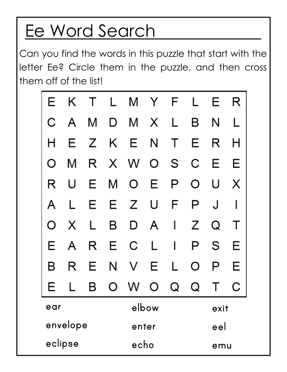 Ee word search: students circle 9 words starting with E, such as ear, elbow, envelope, eel and emu, then cross them off