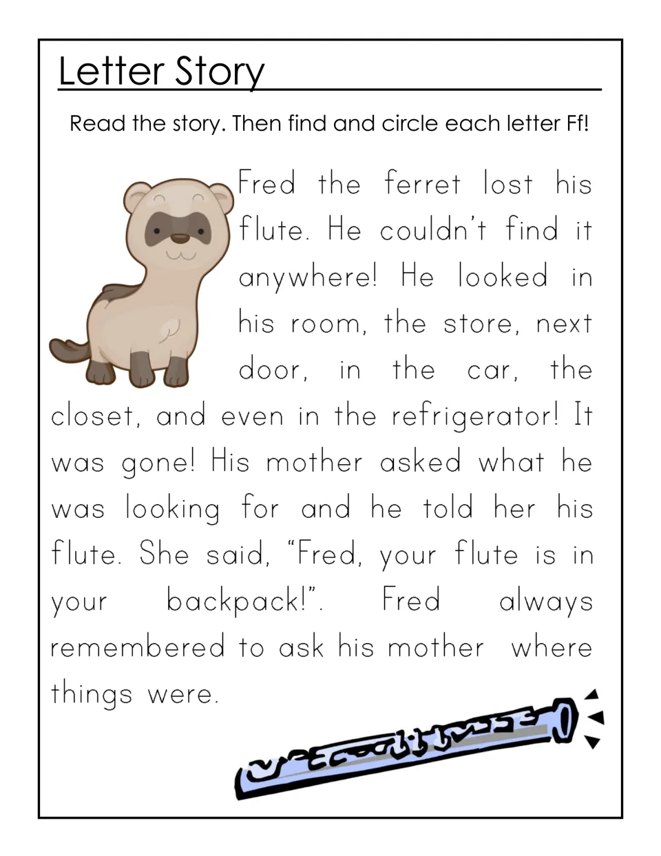 Letter Story about Fred the ferret and his lost flute: children read it, then find and circle every F and f in the text
