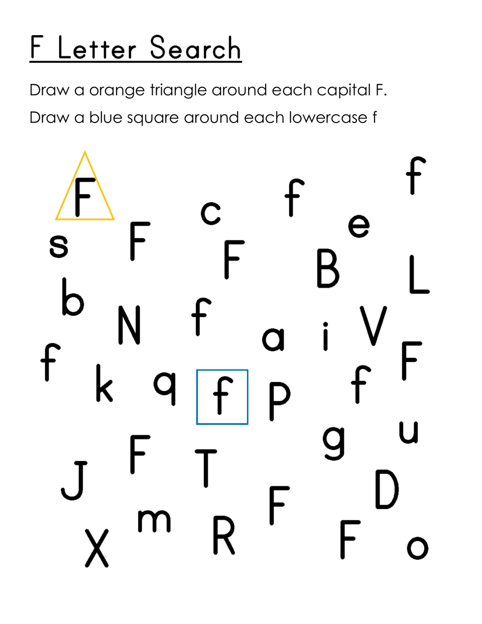 F Letter Search: children draw an orange triangle around each capital F and a blue square around each lowercase f
