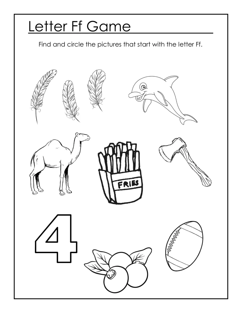 Letter Ff Game: students circle pictures that begin with F, such as feathers, fries, a football and the number 4