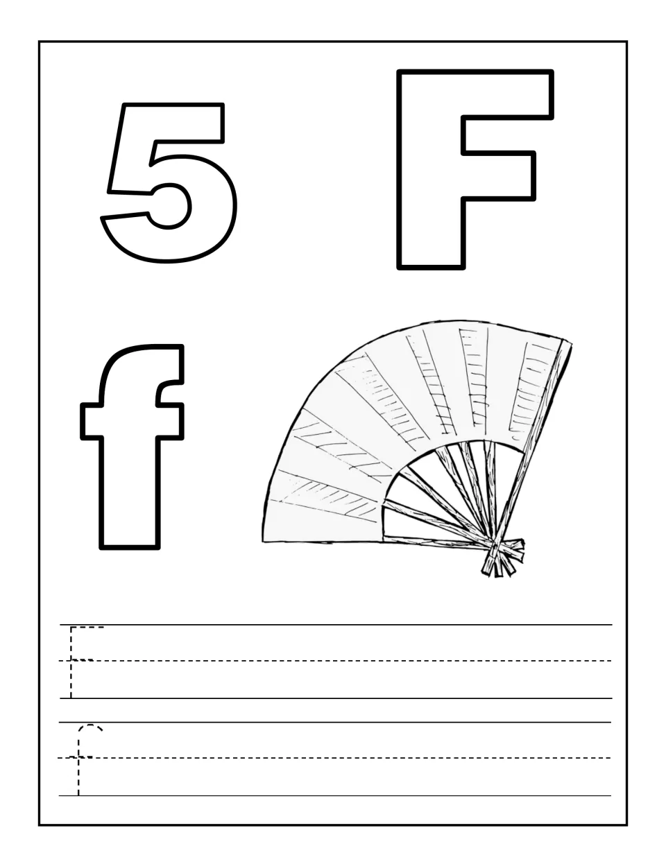 Letter F and number 5: children color bubble 5, F, f and a hand fan, then trace and write uppercase F and lowercase f