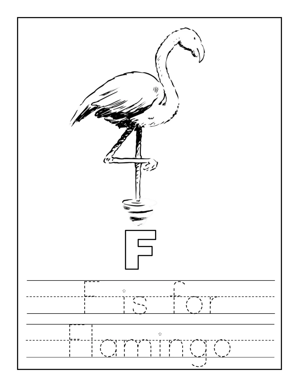 Letter F picture word: children color a flamingo and bubble letter F, then trace the dotted sentence 'F is for Flamingo'