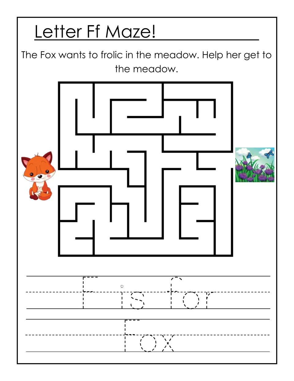 Letter Ff Maze: children guide a fox through a maze to a flower meadow, then trace the dotted sentence 'F is for Fox'