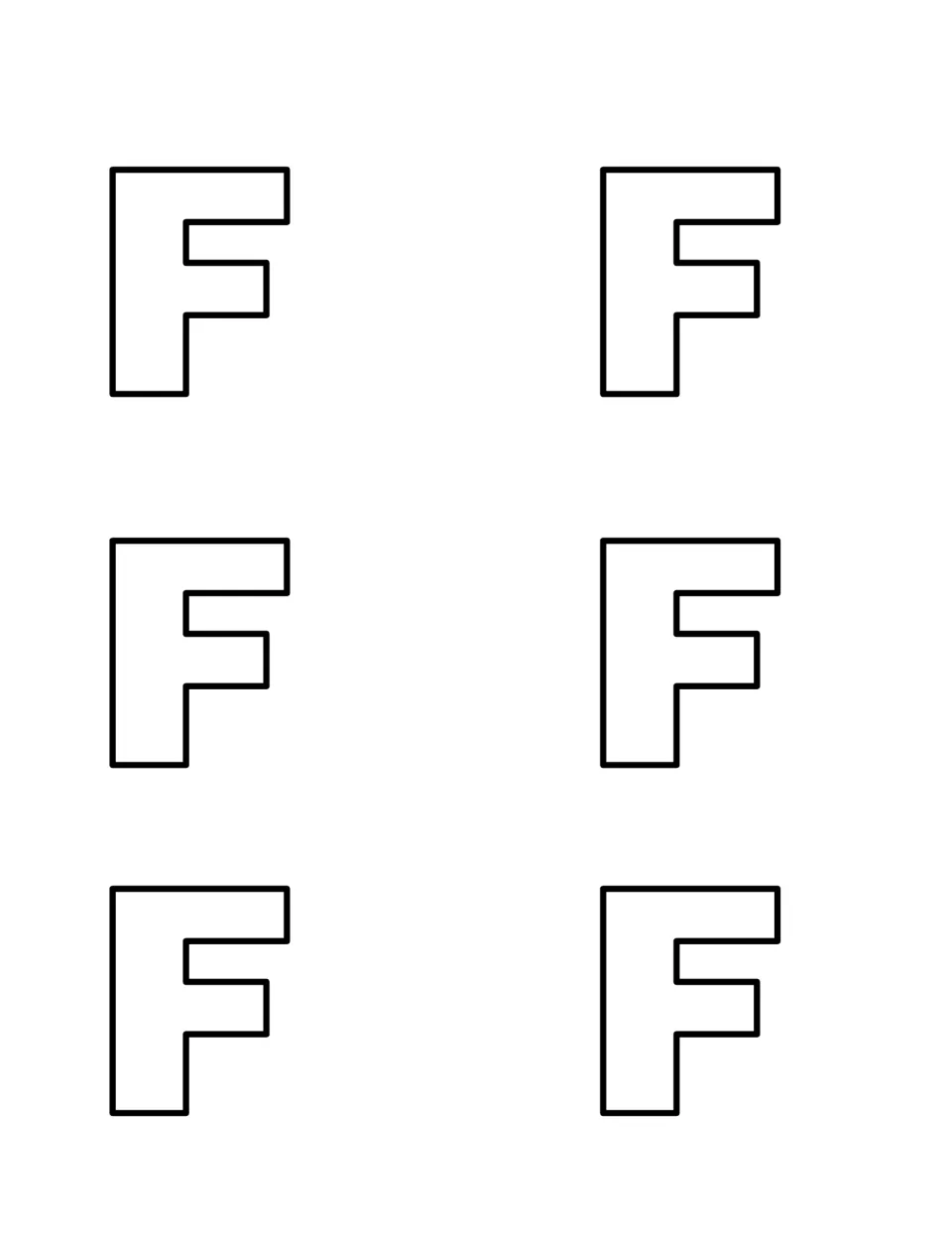 Six outlined capital F letters to print on card stock, cut out and hide so children can practise recognizing uppercase F