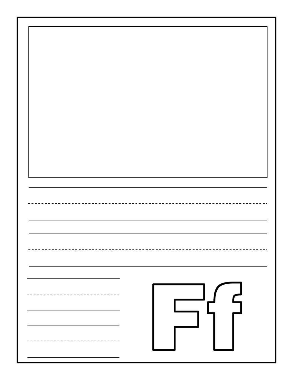Letter F notebooking page: children draw or glue one large F picture and write about it beside a bubble-letter Ff