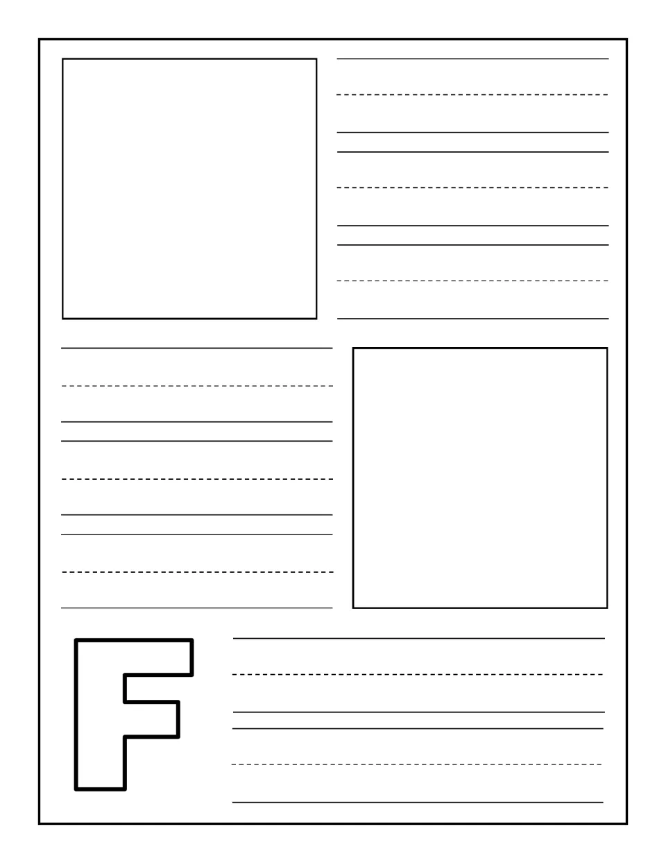 Uppercase F notebooking page: children draw two things that start with F and write a caption or the word for each