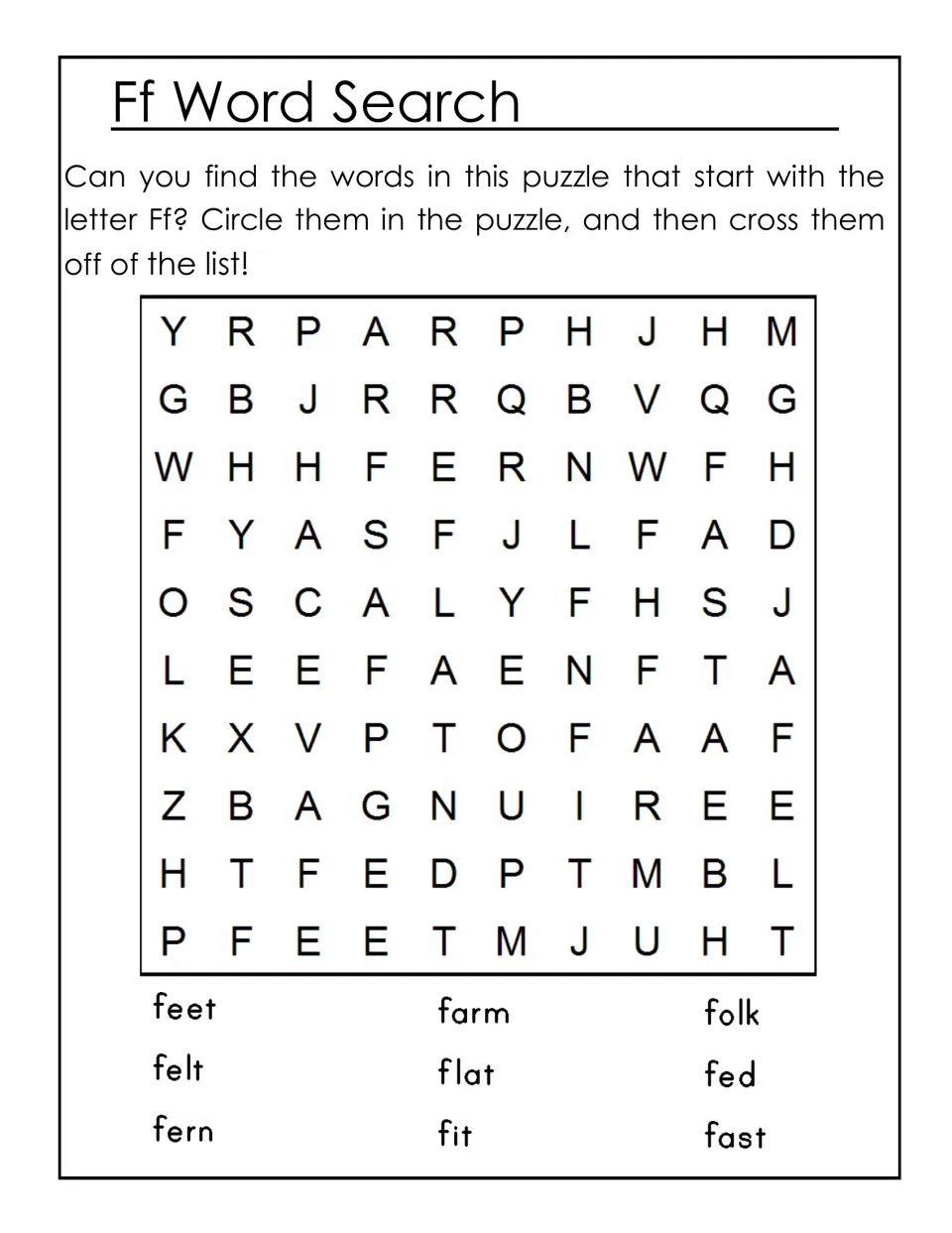 Ff word search: students find and circle 9 F words such as feet, farm, fern, flat and fast, then cross them off the list