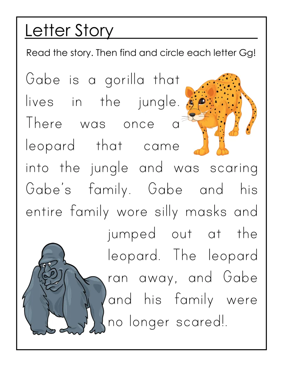 Letter Story about Gabe the gorilla scaring off a leopard: students read it, then find and circle each letter Gg