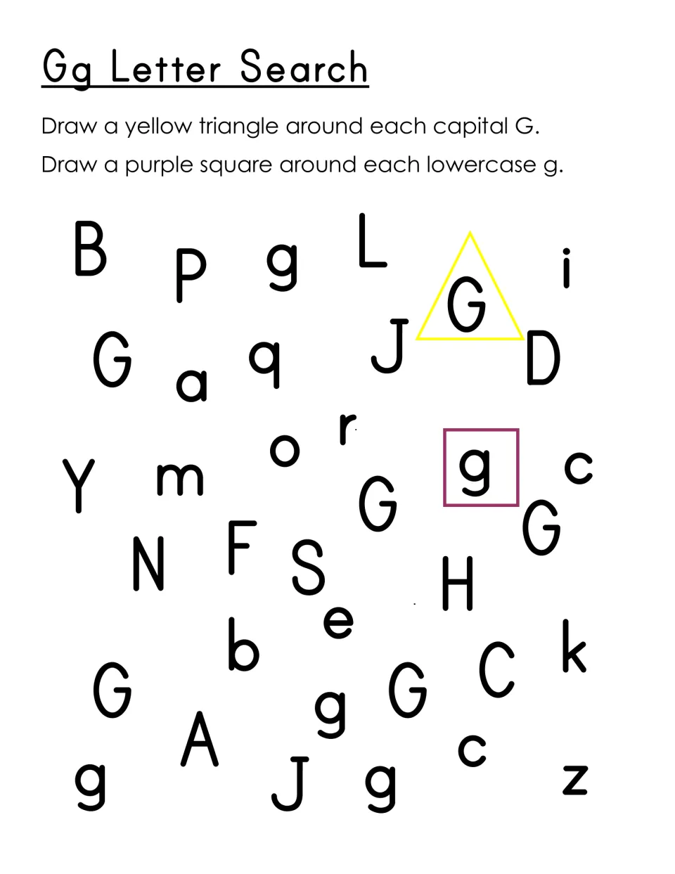 Gg Letter Search: students draw a yellow triangle around each capital G and a purple square around each lowercase g