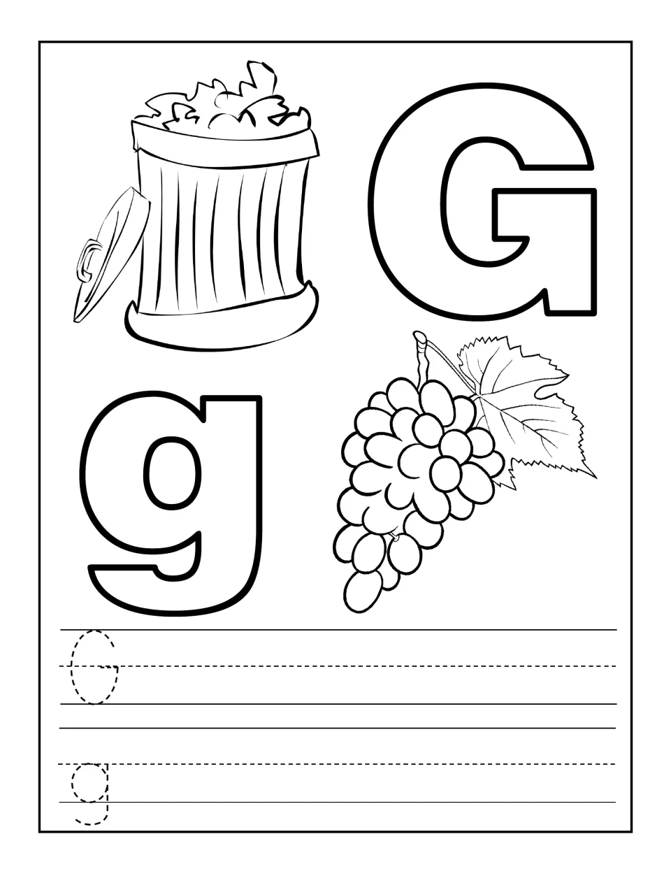 Letter G coloring and tracing: students color bubble G, g, a garbage can and grapes, then trace and write G and g