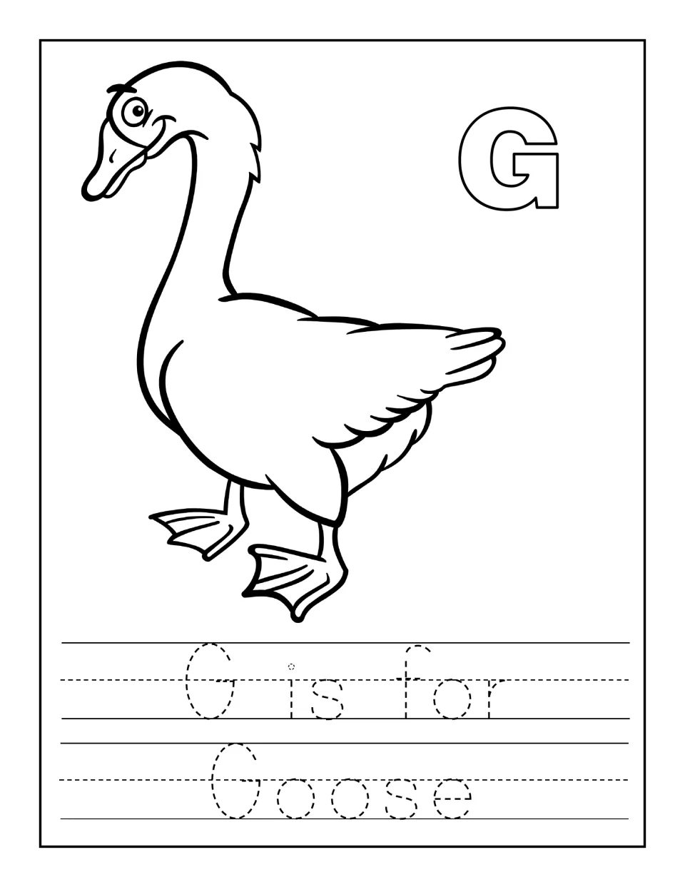 G is for goose: students color a smiling goose and a bubble G, then trace the dotted sentence 'G is for Goose'