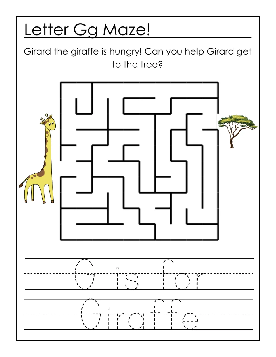 Letter Gg maze: students guide Girard the giraffe to a tree, then trace the dotted sentence 'G is for Giraffe'