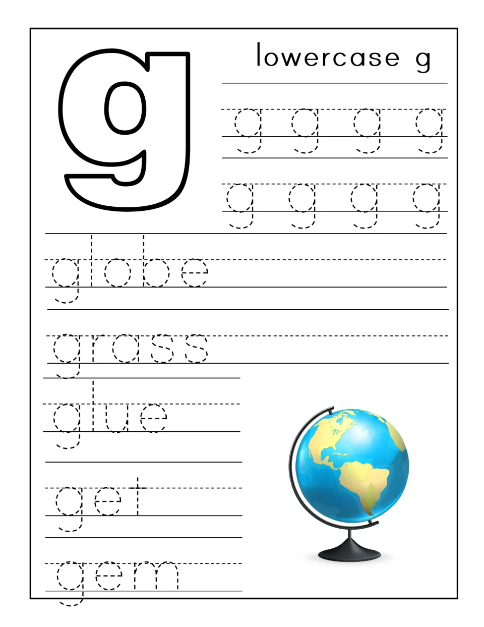 Lowercase g handwriting: students trace eight dotted g's and the words globe, grass, glue, get and gem beside a globe