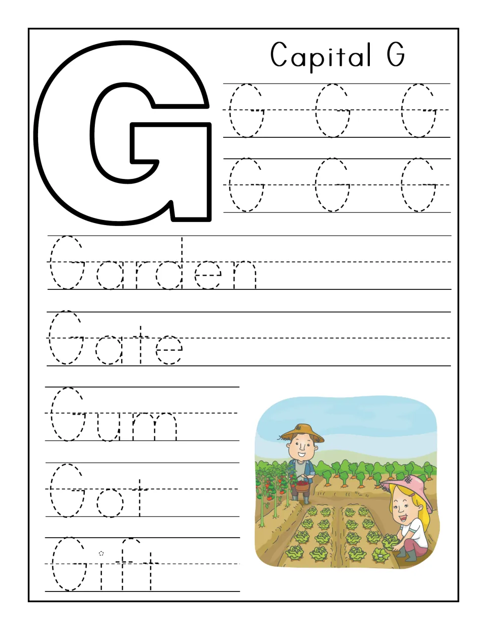 Capital G handwriting: students trace six dotted G's and the words Garden, Gate, Gum, Got and Gift beside a garden scene