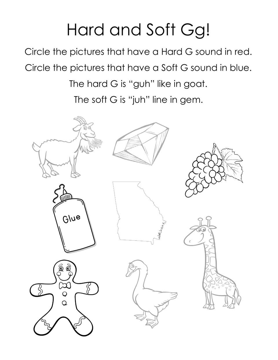 Hard and Soft Gg: students circle hard G pictures in red and soft G pictures in blue, such as goat, gem, giraffe and glue