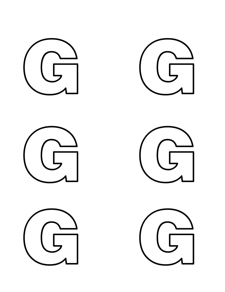 Six outlined capital G letters to print on card stock and cut out as the cards children search for in the hiding game