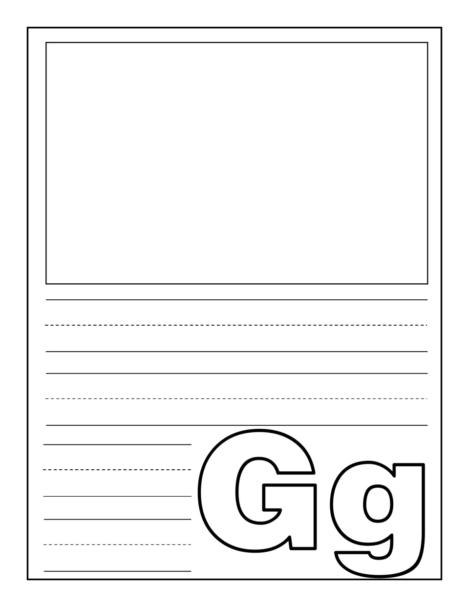 Letter Gg journal page: students draw or glue a picture of a G word, then write about it on the handwriting lines below
