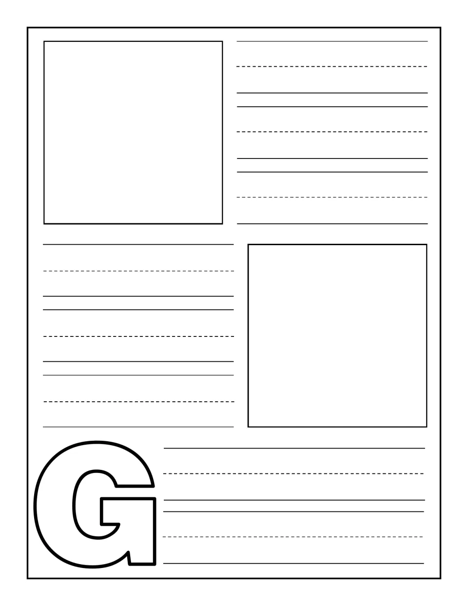 Uppercase G journal page: students add two pictures of things starting with G and write a word or caption beside each one