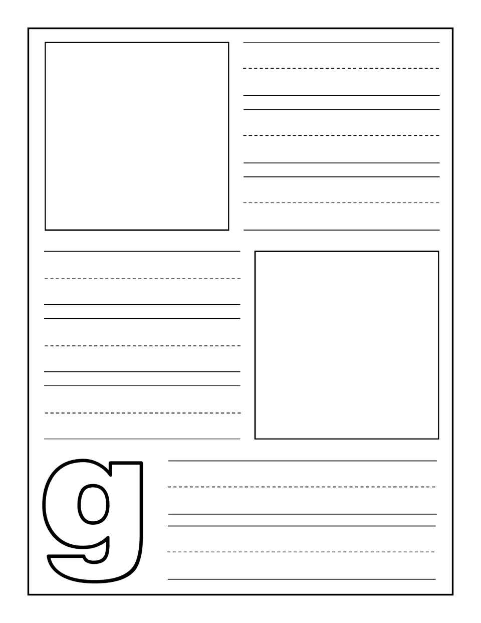 Lowercase g journal page: students draw two pictures of things beginning with g and write each word a few times