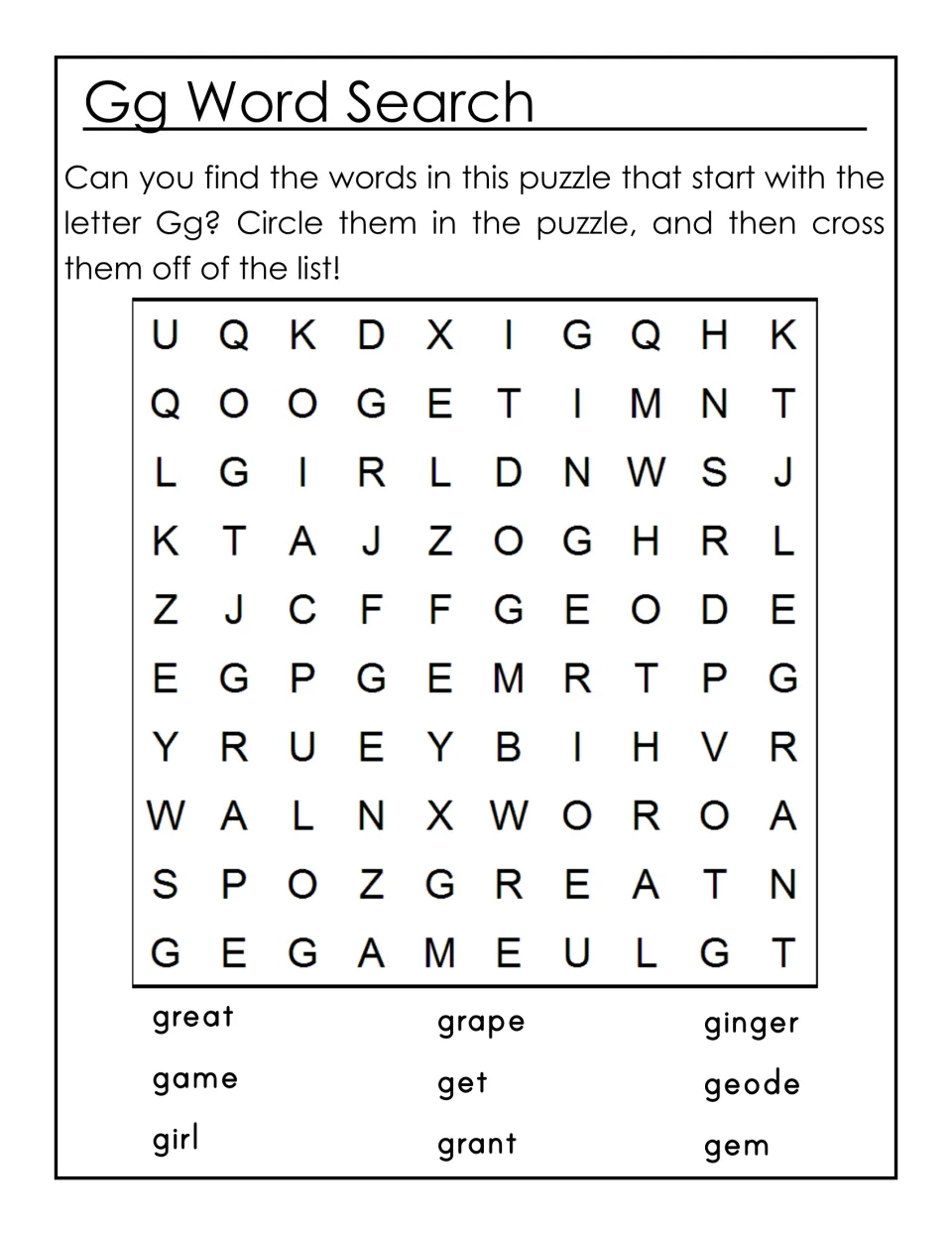 Gg word search: students find and circle words starting with G, like grape, game, girl, geode and gem, then cross them off