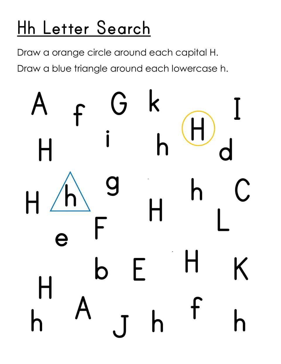 Hh Letter Search: students draw orange circles around capital H and blue triangles around lowercase h among mixed letters